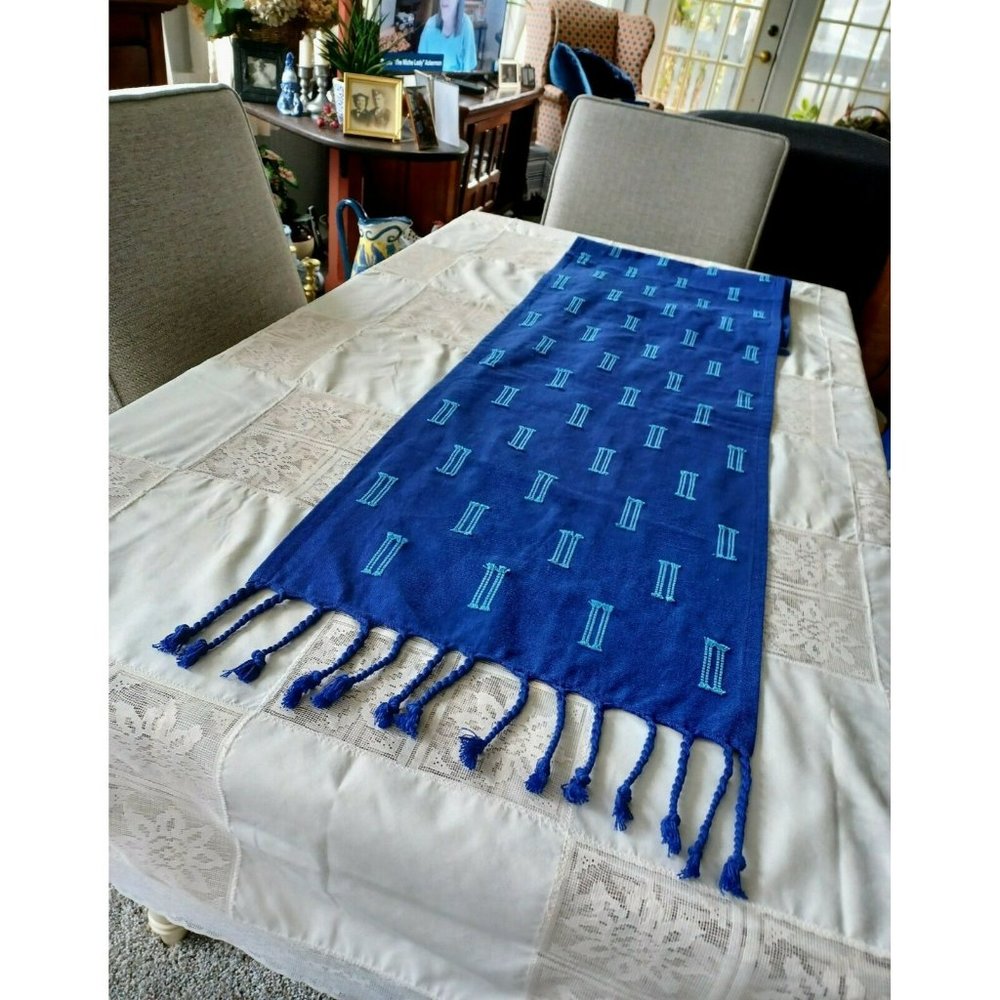 Fringed Table Runner, Bed Cover Deep Blue w/Blue embroidery, approx. 82"